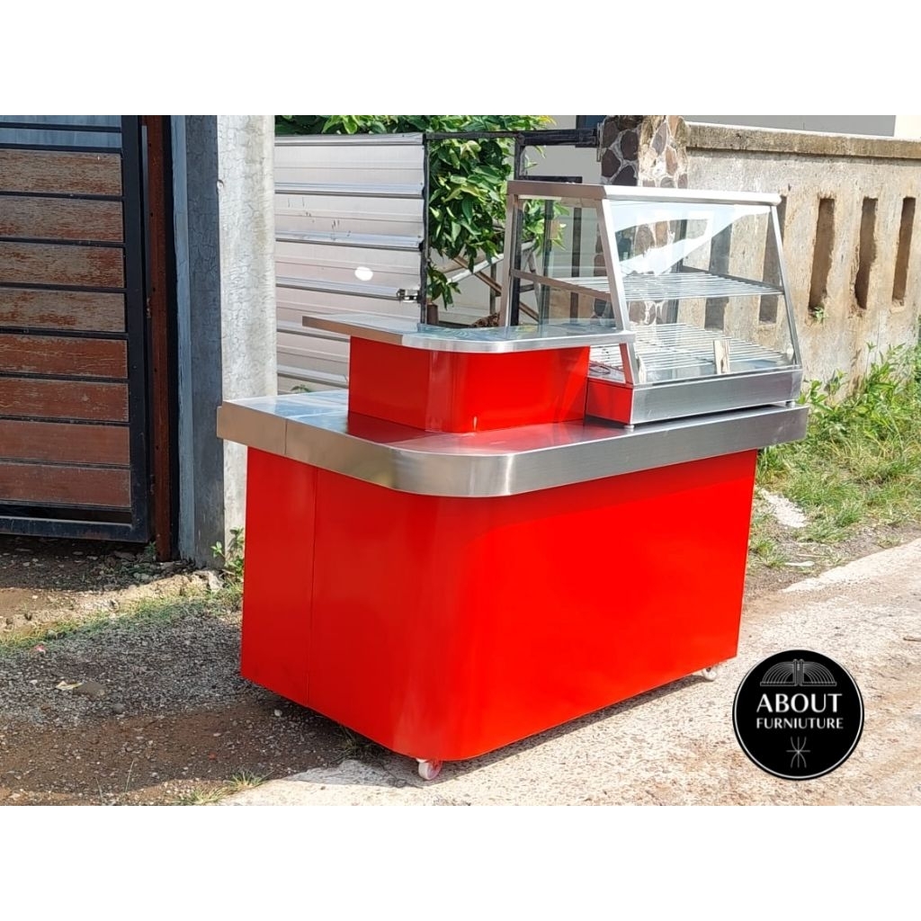 Meja booth stainless neon box fried chicken warmer / food warmer 150x70x90 cm / etalase food warmer