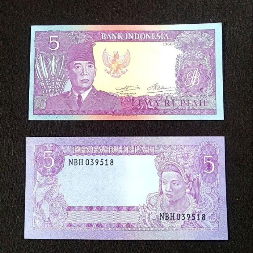 Uang Kertas Indonesia 5 Rupiah Seri Soekarno Tahun 1960 Kondisi UNC atau Gress (Baru) Tidak pernah b
