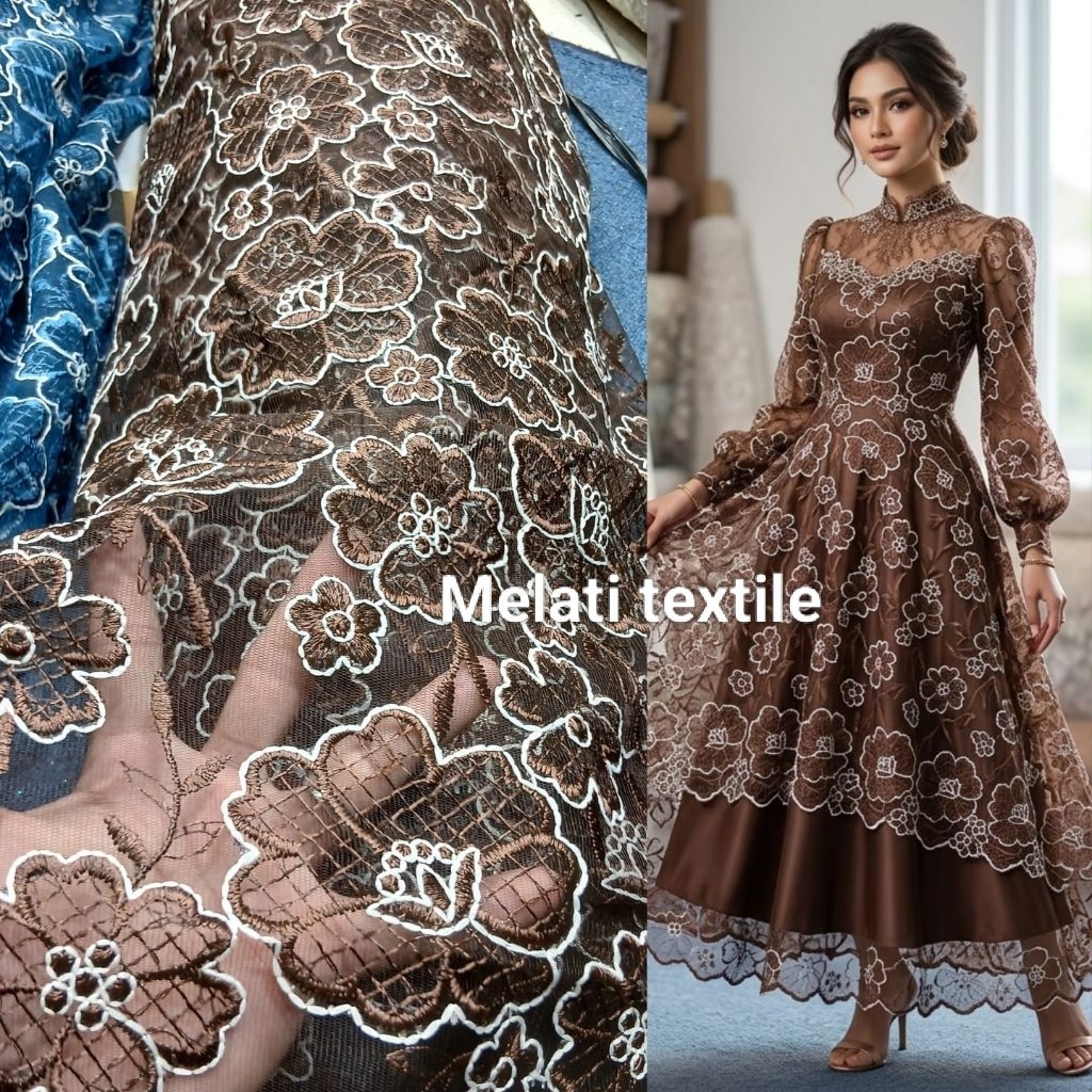 Kain bahan tile bordir bunga 3D premium