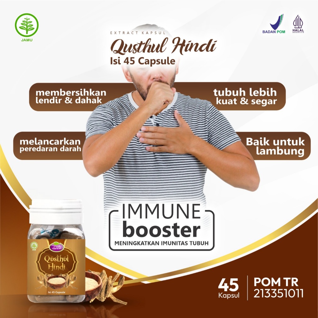 Kapsul Qusthul Hindi Asli Washfah 45 Capsule Herbal Pernafasan Batuk Pilek Flu Dahak Paru Paru BPOM 