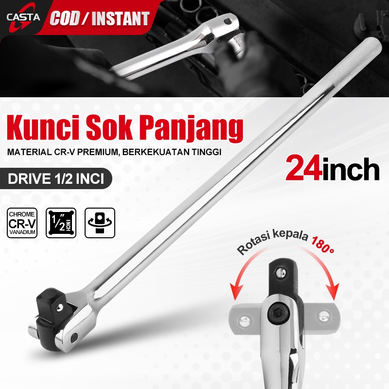 CASTA Gagang Soket 1/2 Inci 24 Inci Drive Breaker Bar Wrench F Rod Panjang 60cm Kepala Fleksibel 180
