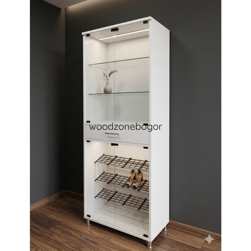 Lemari Rak Sepatu Kaca Minimalis Modern - Rak Display Tas & Heels