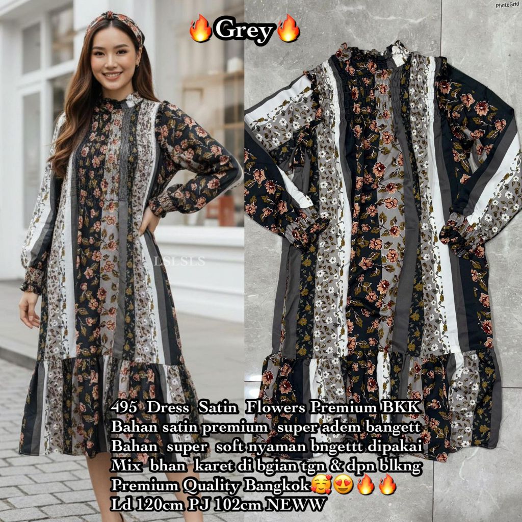 495 DRESS SATIN FLOWER GREY