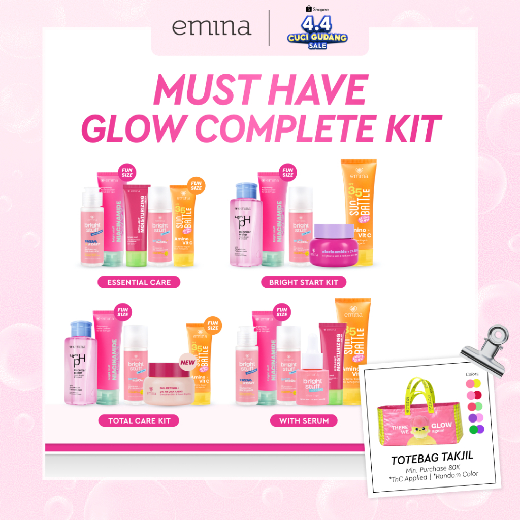 [MUST HAVE] GLOW COMPLETE KIT EMINA BRIGHT STUFF ISI 5 (Micellar Water, Face Wash, Toner, Serum, Moi