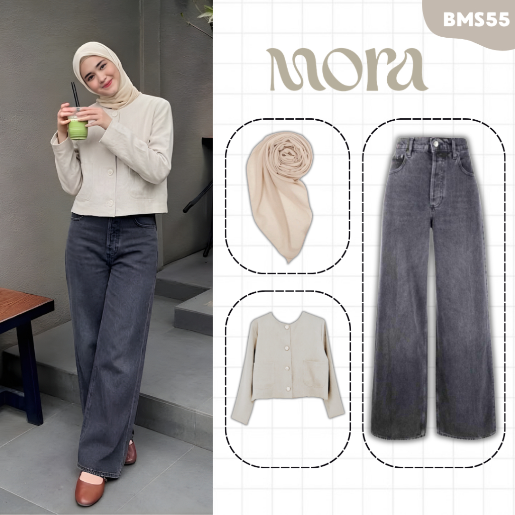 One Set Mora Style Kekinian {Blazer Gemma, Hijab Bella Square, Celana Kulot Jeans} Outfit Kuliah BMS