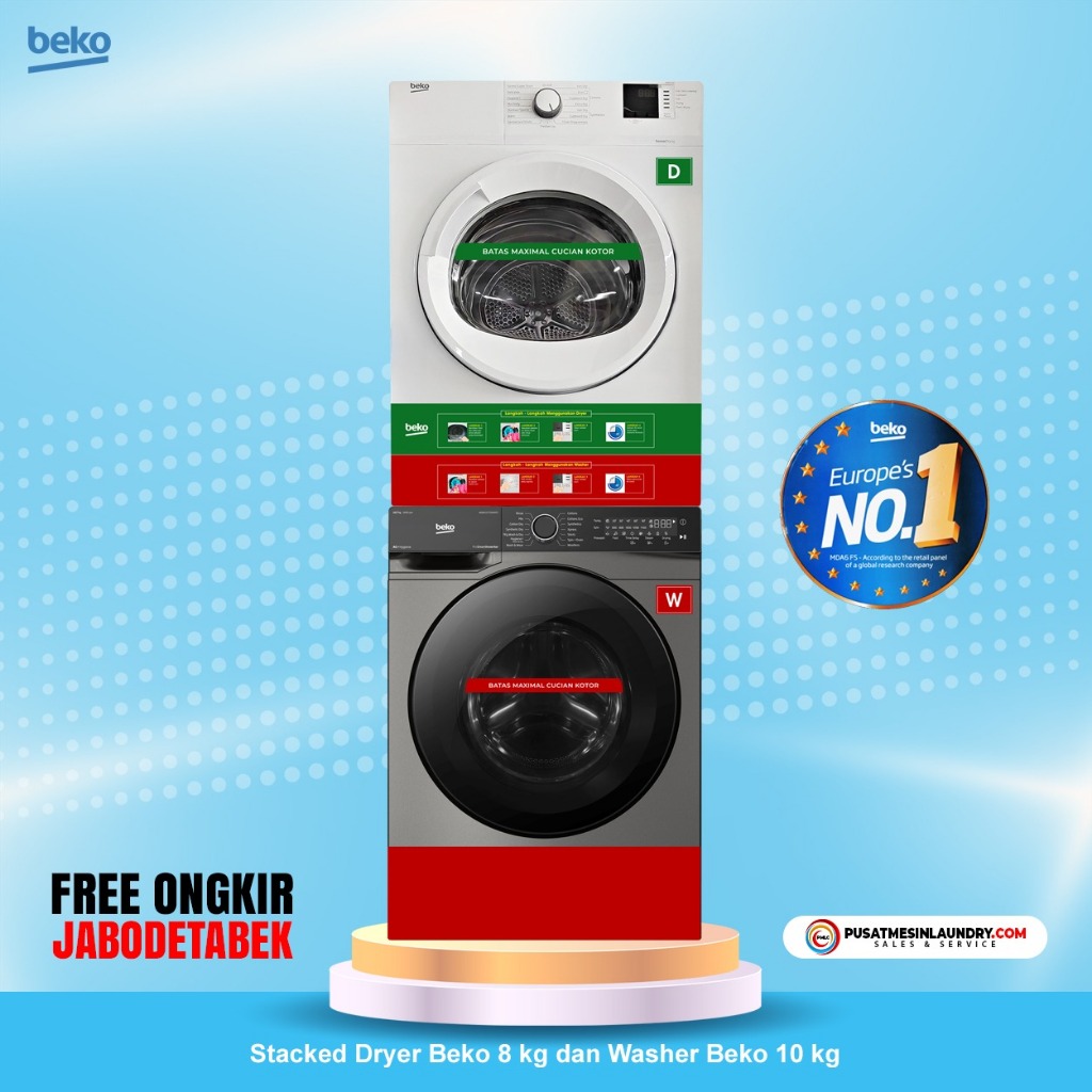 Beko Set Stack Mesin Cuci 10kg 1400RPM Black & Mesin Pengering 8kg Konversi Gas BB10