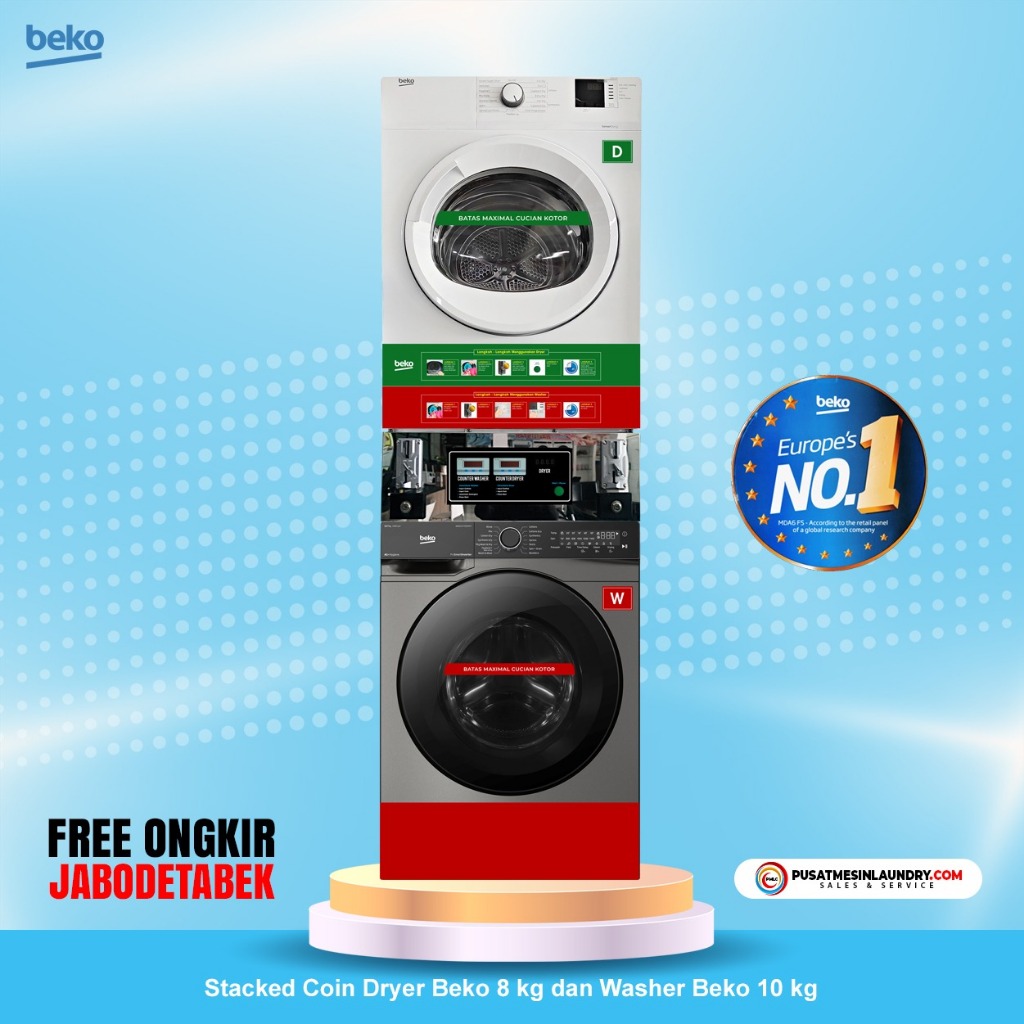 Beko Set Stack Coin Mesin Cuci 10kg 1400RPM Black & Mesin Pengering 8kg Konversi Gas BB10
