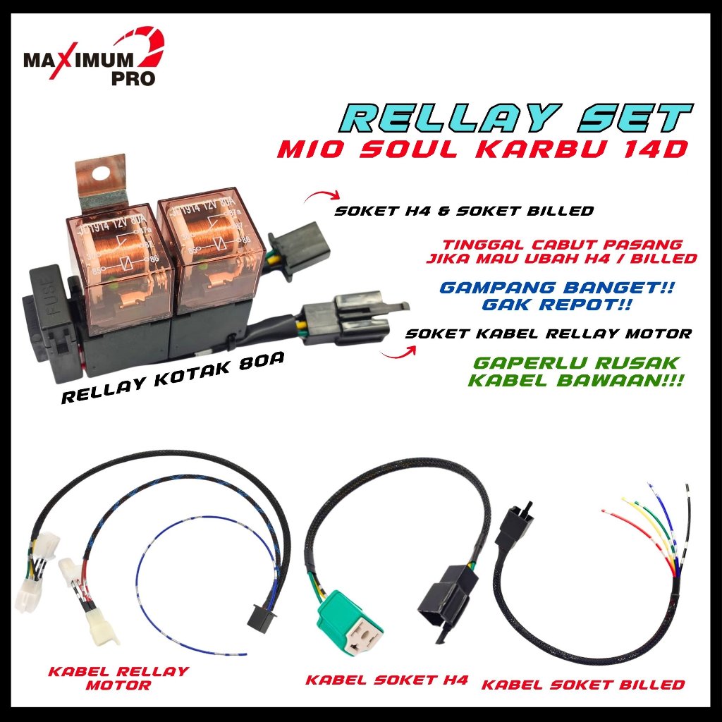 PREMIUM KABEL RELAY LAMPU SET MIO SOUL KARBU 14D 10A HID SOKET BILED LED H4 MOTOR SOCKET RELLAY LAMP