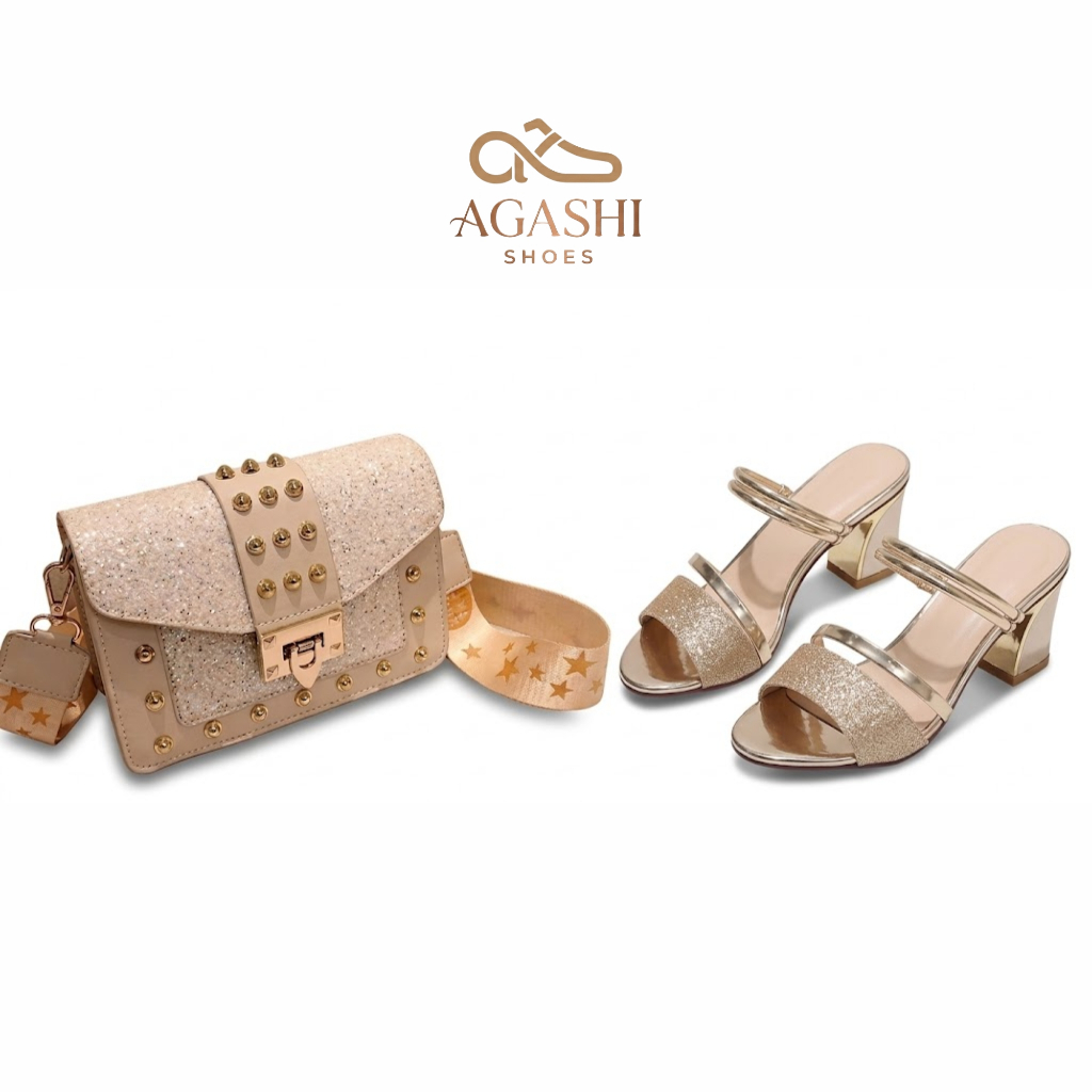 AGASHI - Paket Tas Dan Sandal Hak Tahu 2in1 Wanita Gliter Berkilau Sandal Heels Kekinian Kondangan M