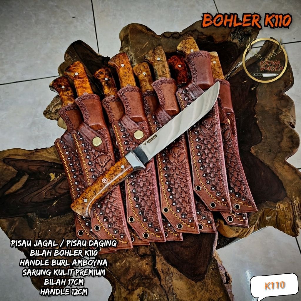 Alat Potong Daging Premium - Bilah Bohler K110 - Handle Kayu Burl Amboyna