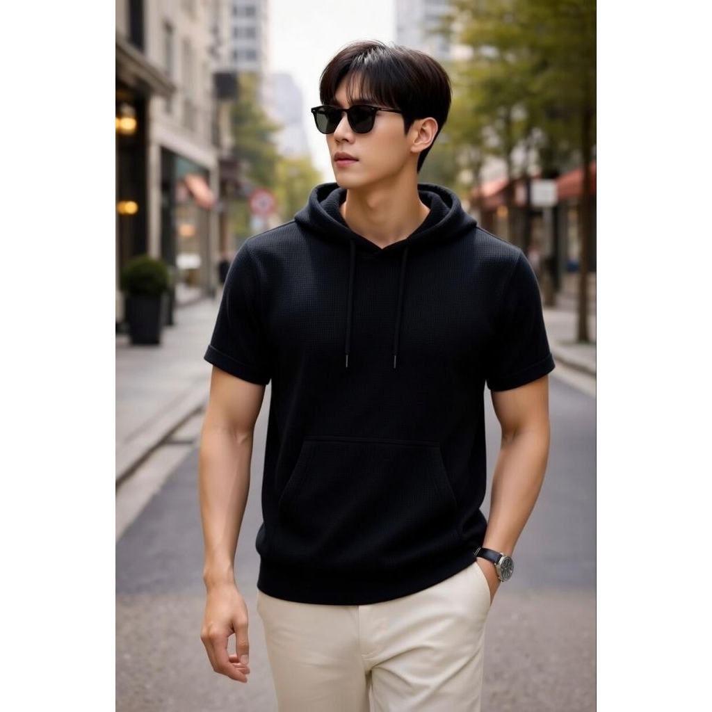 atasa kaos pria hoodie kupluk lengan pendek kantong, baju kaos waffle hoodie kupluk lengan pendek pa