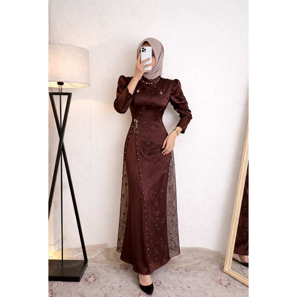 PROMO TERBARU SPECIAL BURGUNDY MAHOGANY FLORETA MAXY DRESS JANGGAN LUXURY BROKAT PAYET MUTIARA GAMIS