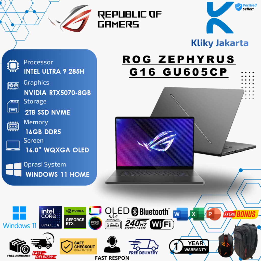 Laptop Asus ROG Zephyrus OLED  G16 GU605CP Intel Ultra 9 285H 16GB 1TB RTX5070-8GB 16.0 240hz Win11