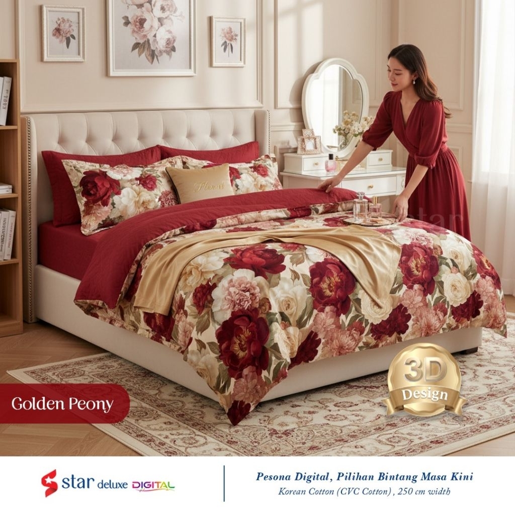 KAIN SPREI METERAN KATUN CVC DIGITAL MOTIF GOLDEN PEONY