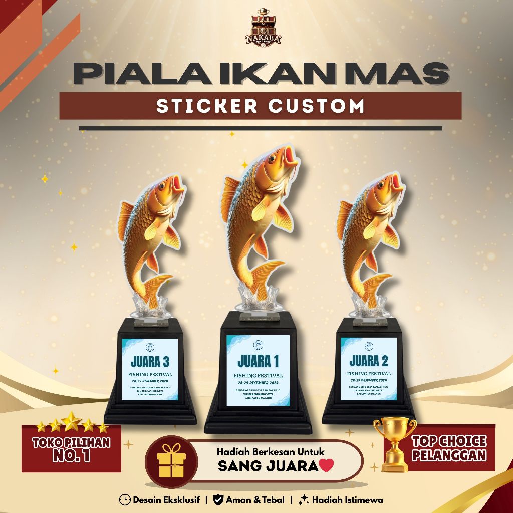 Piala Akrilik Memancing Motif Ikan Mas Sticker Custom Hadiah Lomba Kemerdekaan 17 Agustus Indonesia