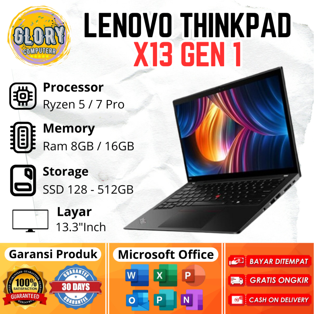 Lenovo Thinkpad X13 Gen 1 Ryzen 5 / 7 Pro Ram 8GB / 16GB SSD 128GB / 256GB / 512GB, Layar 13.3"Inch