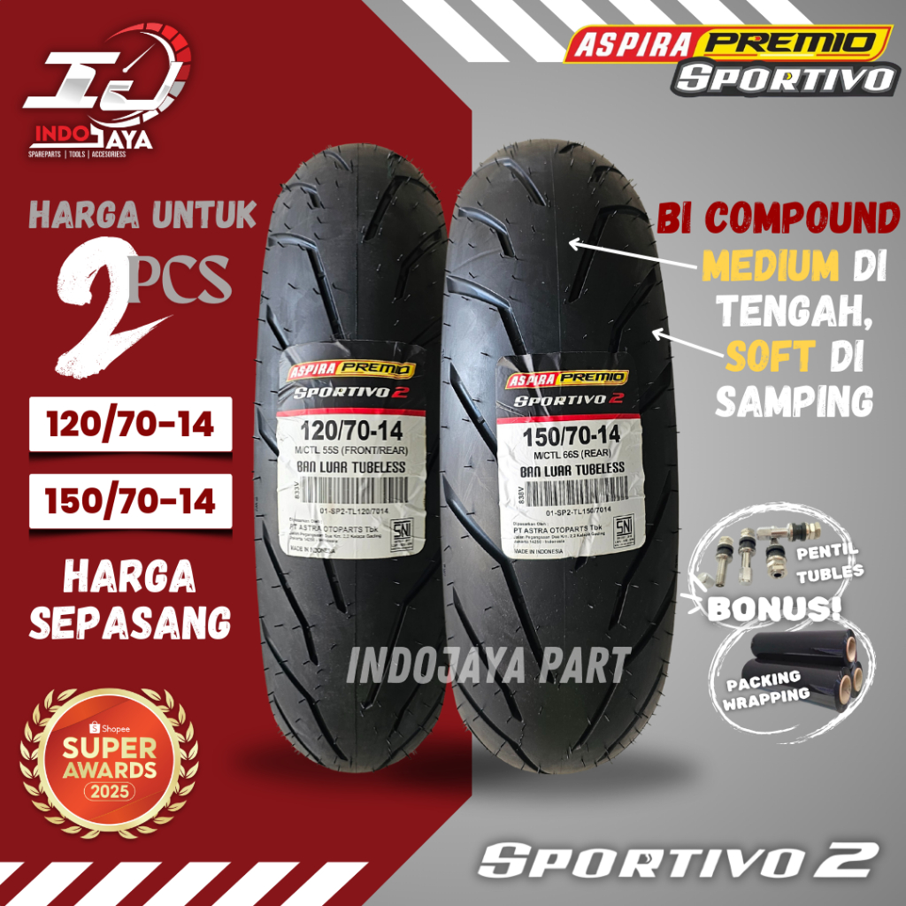 [HARGA MURAH SEPASANG] BAN LUAR ASPIRA PREMIO SPORTIVO 2 (120/70-14 & 150/70-14) BAN LUAR TUBELESS P