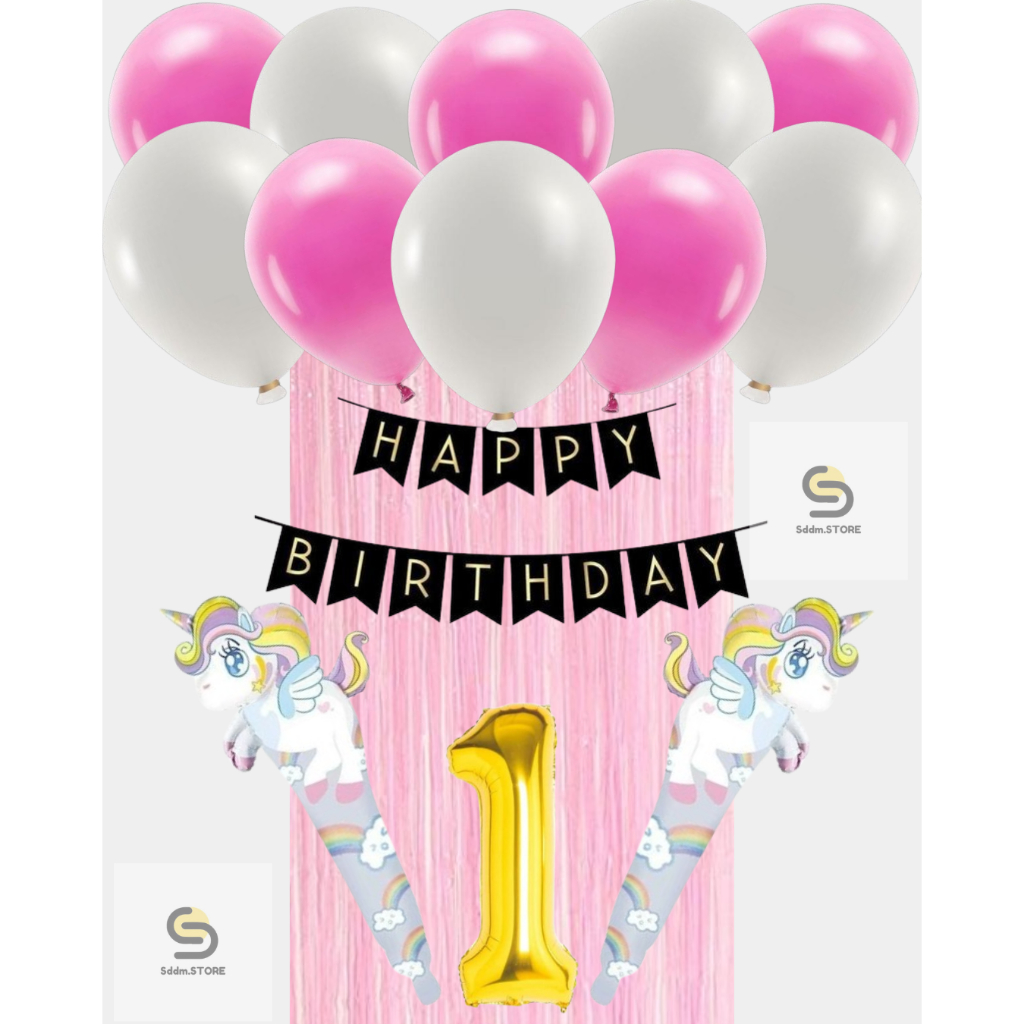 Paket Balon Hemat Unicorn Pink Biru Hitam Putih dengan Balon Metalik untuk Pesta Meriah