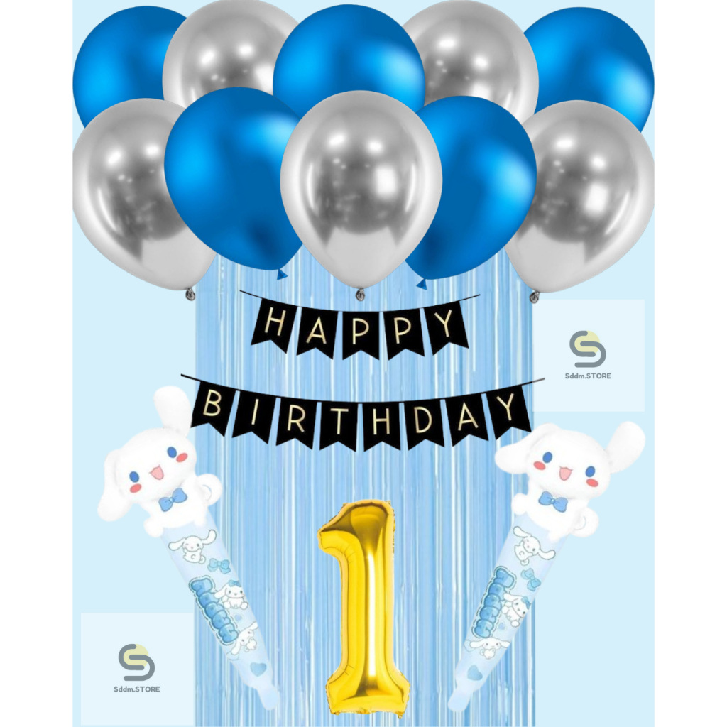 Paket Balon Hemat Cinnamoroll Pink Biru Hitam Putih dengan Balon Metalik untuk Pesta Meriah