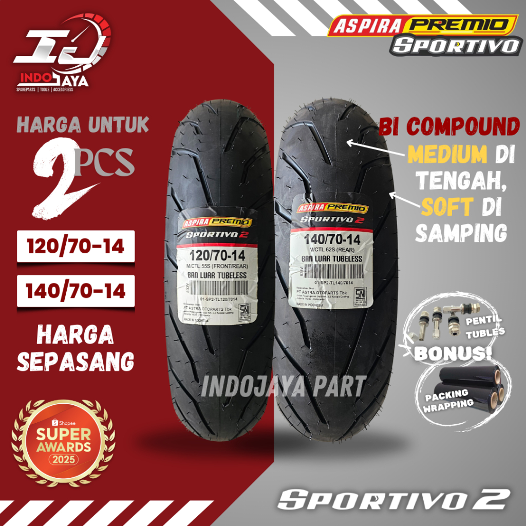 [HARGA MURAH SEPASANG] BAN LUAR ASPIRA PREMIO SPORTIVO 2 (120/770-14 & 140/70-14) BAN LUAR TUBELESS 