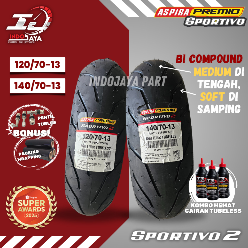 [PRODUK TERBARU] BAN LUAR ASPIRA PREMIO SPORTIVO 2 ( 120/70-13 - 140/70-13 ) BAN LUAR TUBELESS PREMI