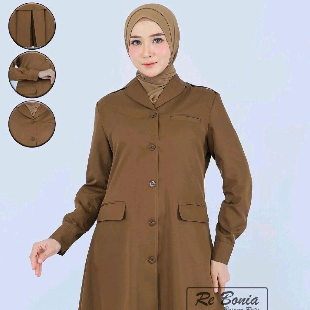 Seragam Re Bonia Baju Dinas Tunik PDH Kheki Tua Rok Span Non Puring, Baju Kurung PDH Kheki Tua Rok S