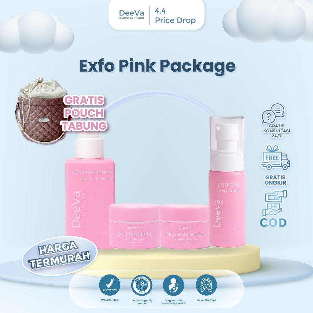 DeeVa Derma Soft Skin - Exfo Pink Package (Paket Glowing isi Day Cream DC3, Gentle Cleanser FW3, Ton