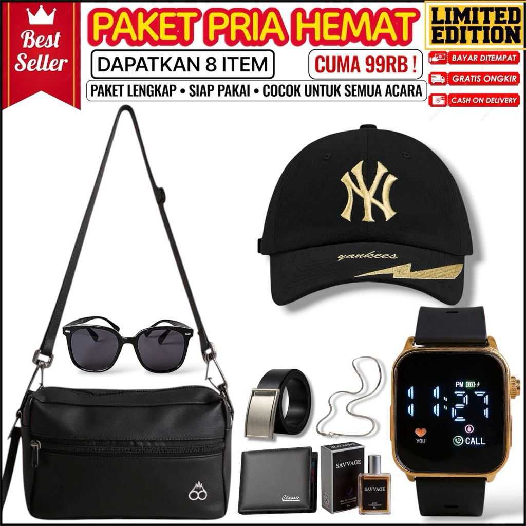 SET PRIA 8 IN 1 HEMAT - PAKET HADIAH ULANG TAHUN COWOK KEKINIAN TOPI NY JAM DIGITAL TAS SLEMPANG PAR
