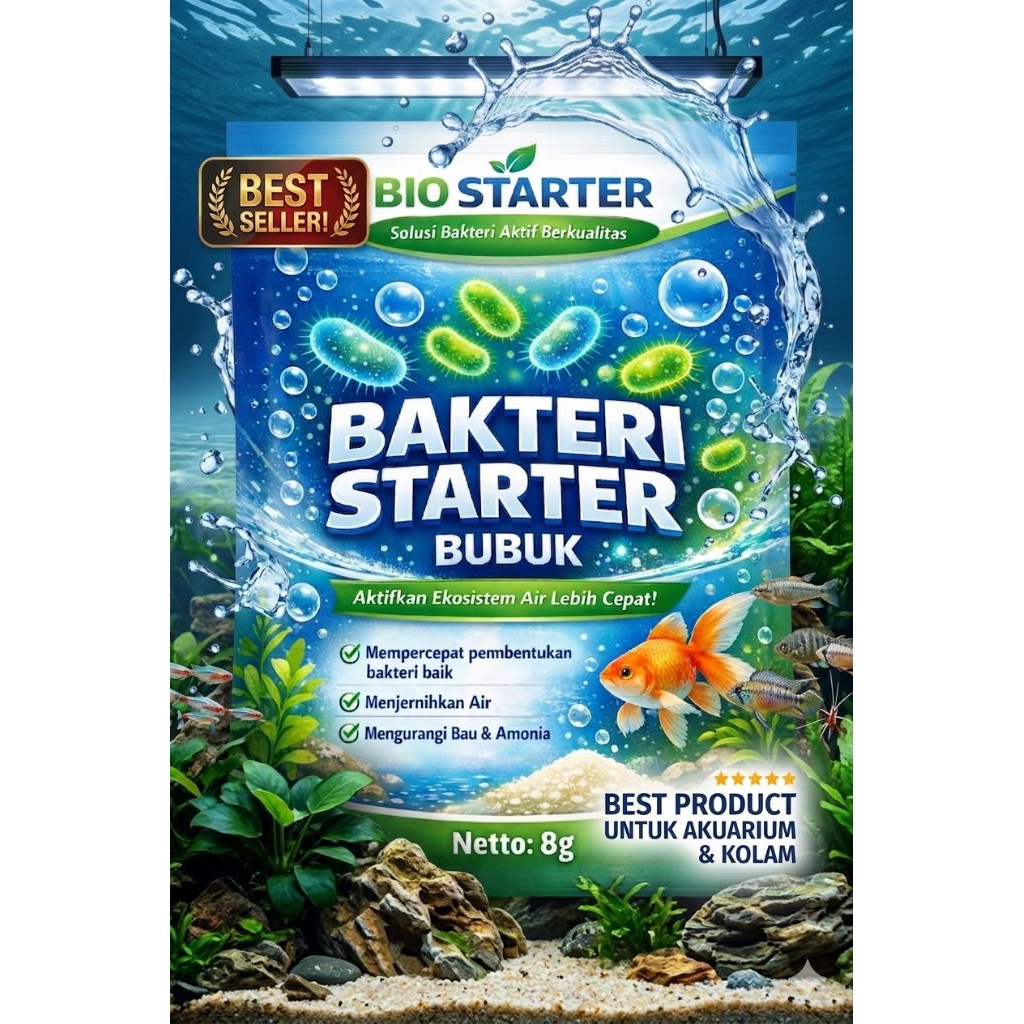 BIO STATER: Bakteri Starter Bubuk aquarium– Solusi Air Jernih & Ekosistem Sehat
