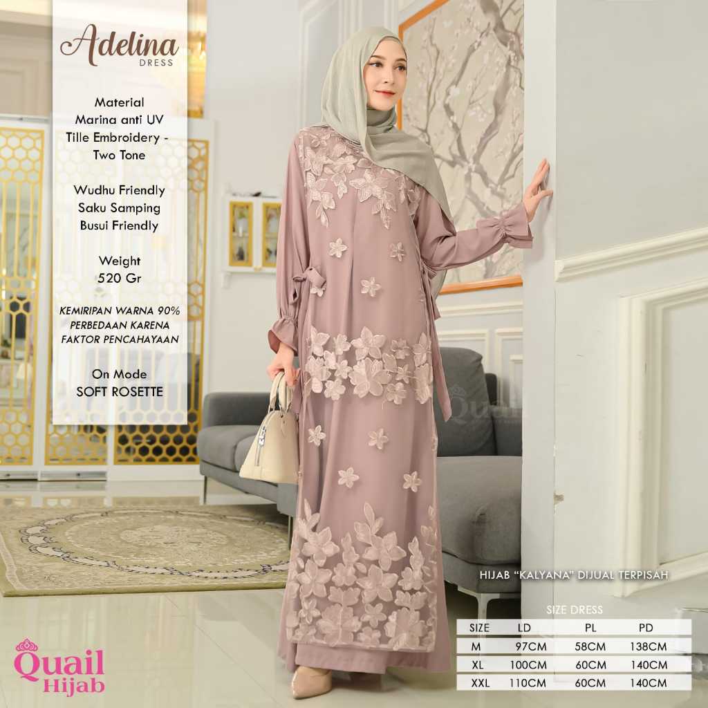 Adelina Dress Gamis Muslimah Original Quail Hijab Bahan Marina Anti UV Tille Embroidery Premium Busu