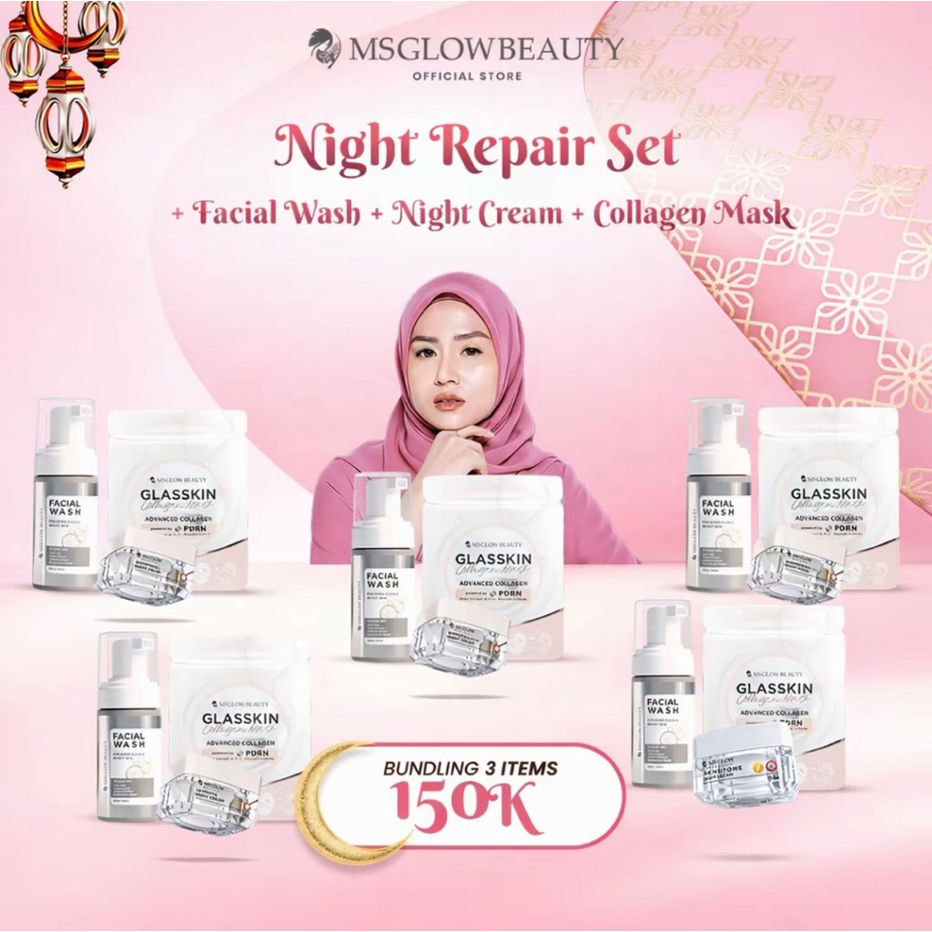 MS GLOW BEAUTY [ BUY 2 GET 3 ] Night Repair Set - Paket Facial Wash & Night Cream FREE Collagen Mask
