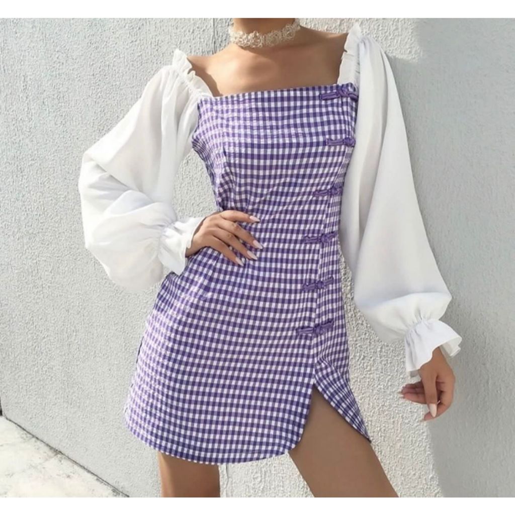 Puffy Sleeves Purple Mini Dress / Cheongsam Buttons Dress / Dress Ungu Kotak Kotak Lengan Panjang