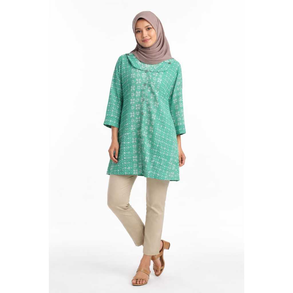 BL-BB Blus batik wanita Bunga putih biru laut klasik kasual Bahan adem nyaman tebal lembut & tidak m