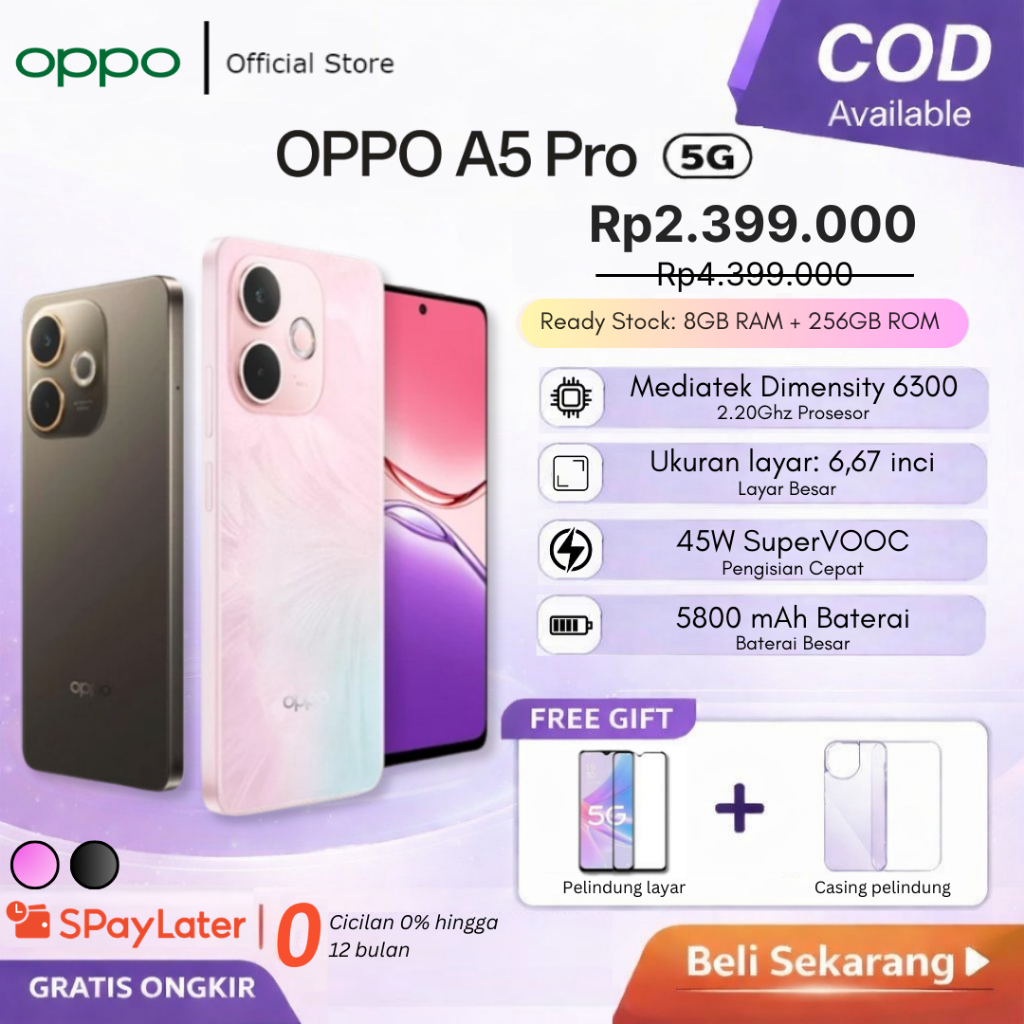 (NEW) OPPO A5 Pro 5G Smartphone (8GB+256GB) – 6.67" Display | 50MP AI Camera | 5800mAh Battery