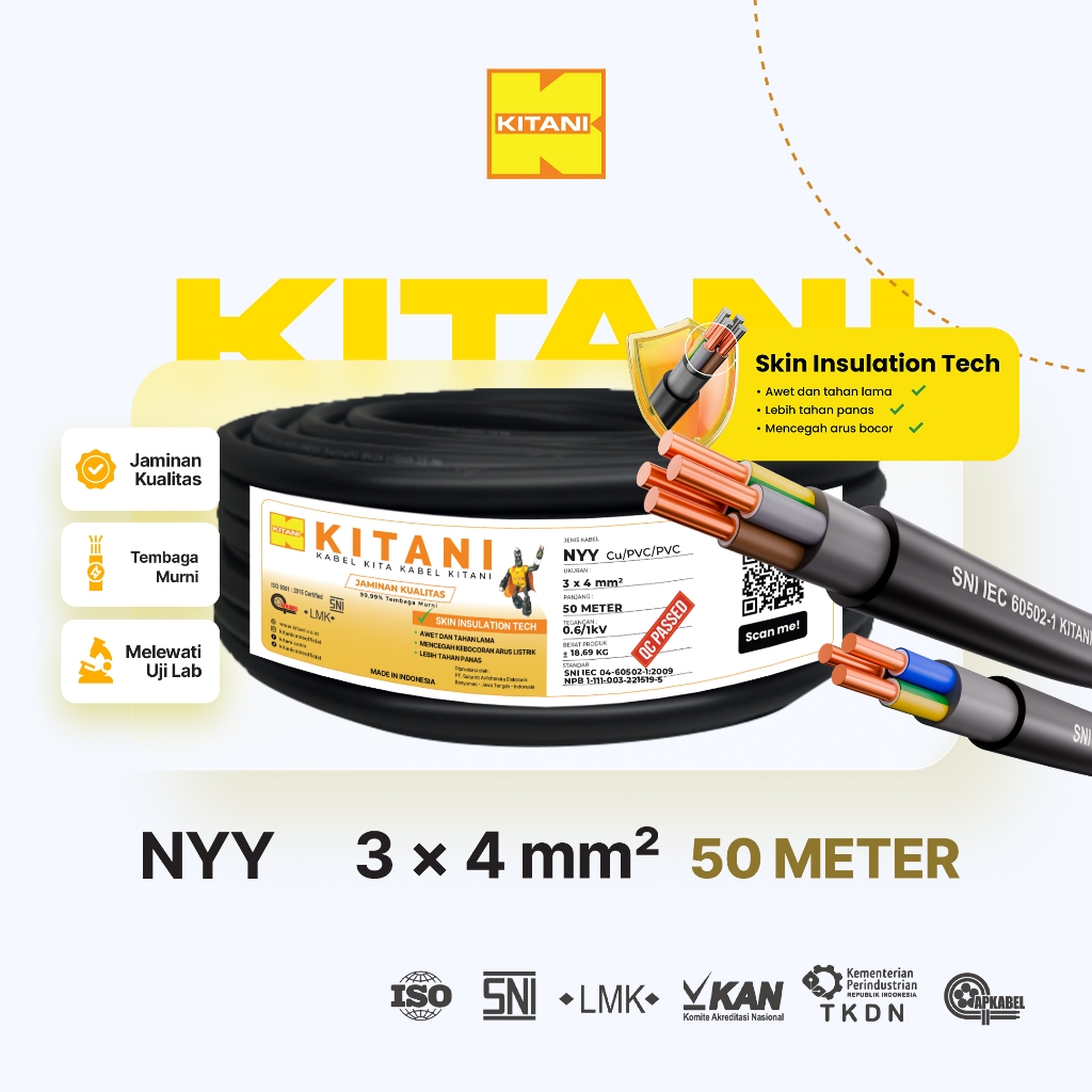 KITANI - NYY 3x4 mm² - 50 Meter -  Kabel Listrik Tembaga Kawat