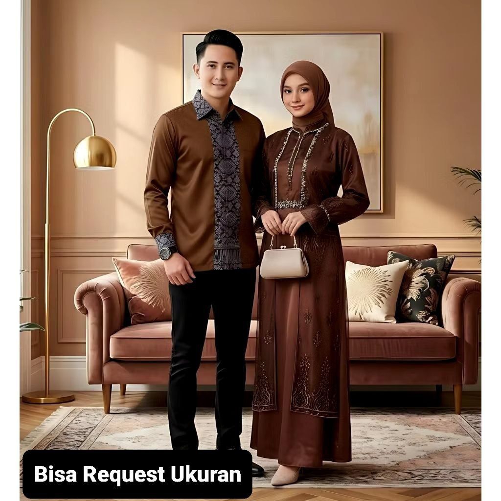 SET ANISA DRESS MAHOGANY ORI COUPLE KEMEJA KOKO KOMBINASI / CUSTOM ANAK & JUMBO / BAJU SERAGAM BATIK