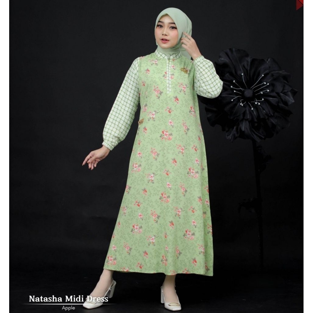 Fee Fashion - Natasha Midi Dress Rayon Premium Gamis Wanita Motif Bunga Kombinasi Tartan Kotak All S