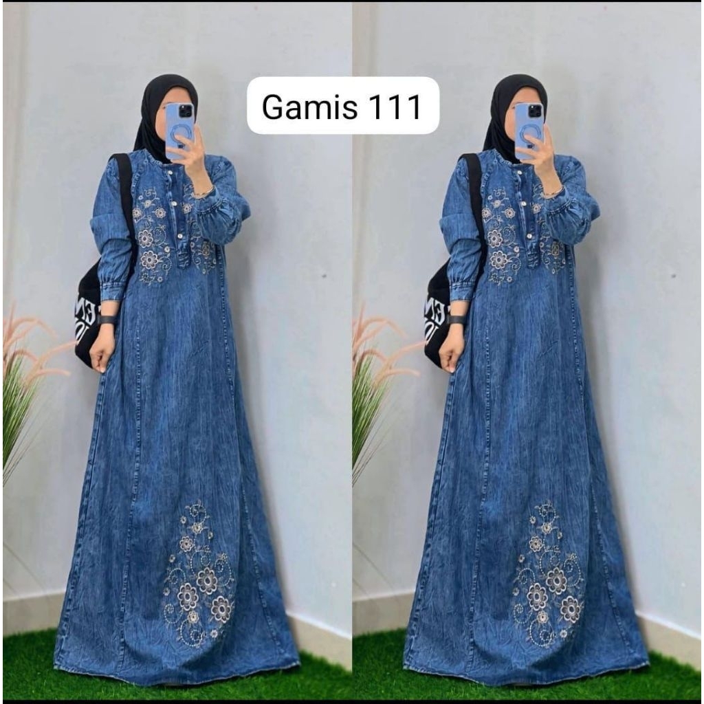 ELEGAN MUSLIMAH | Gamis Blue Jeans Bordir Bunga - Gamis Wanita