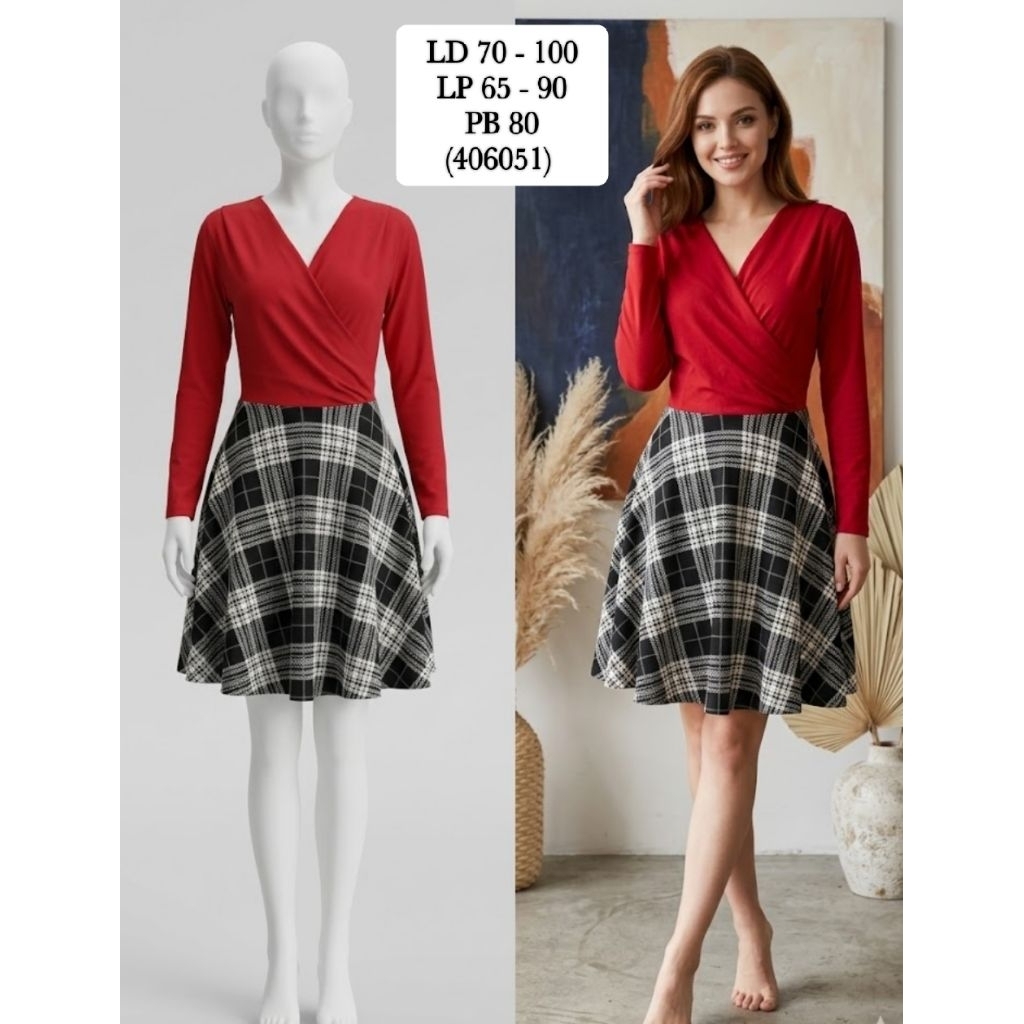 Mini Dress Merah Rok Kotak2