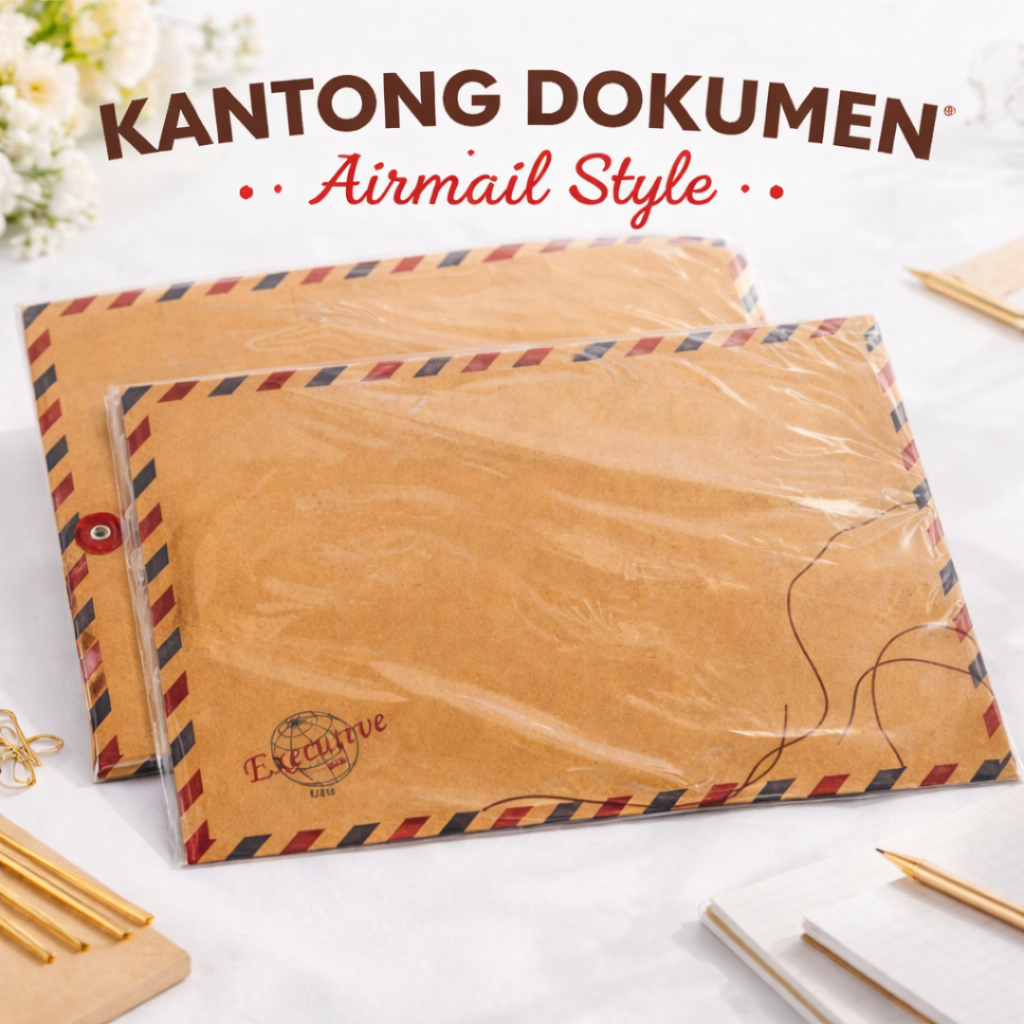 Map Amplop Dokumen Airmail Style – Kantong Dokumen Kancing Tali Coklat A4 PER PACK