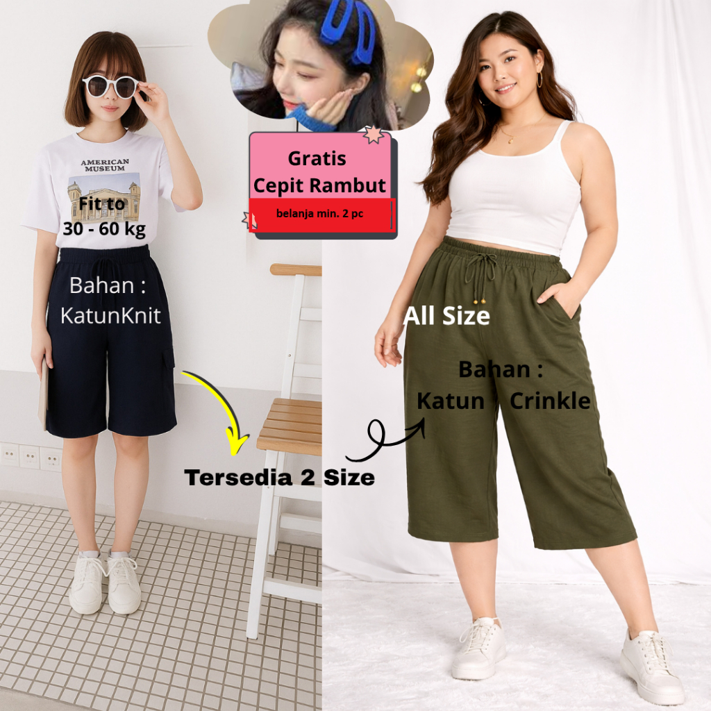 Celana Pendek Wanita 7/8 Kantong Cargo Jumbo