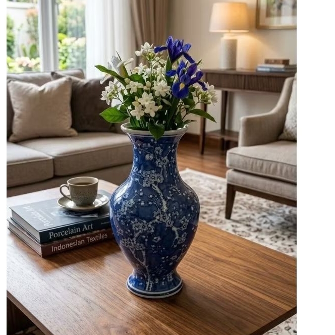 vas bunga pot guci bunga keramik motif sakura biru tinggu 35 cm