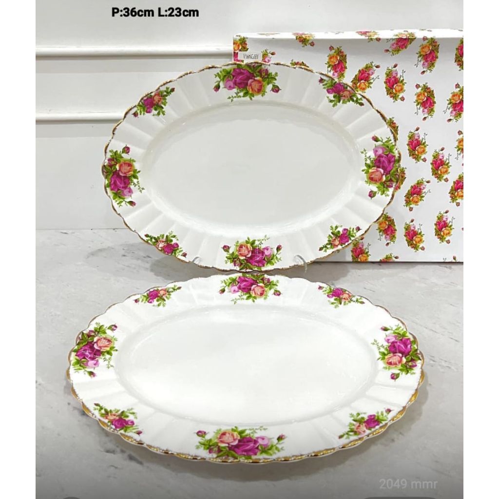 piring saji oval keramik 1 set isi 2 motif bunga seri royal capodimonte 14" mewah / piring lauk kera