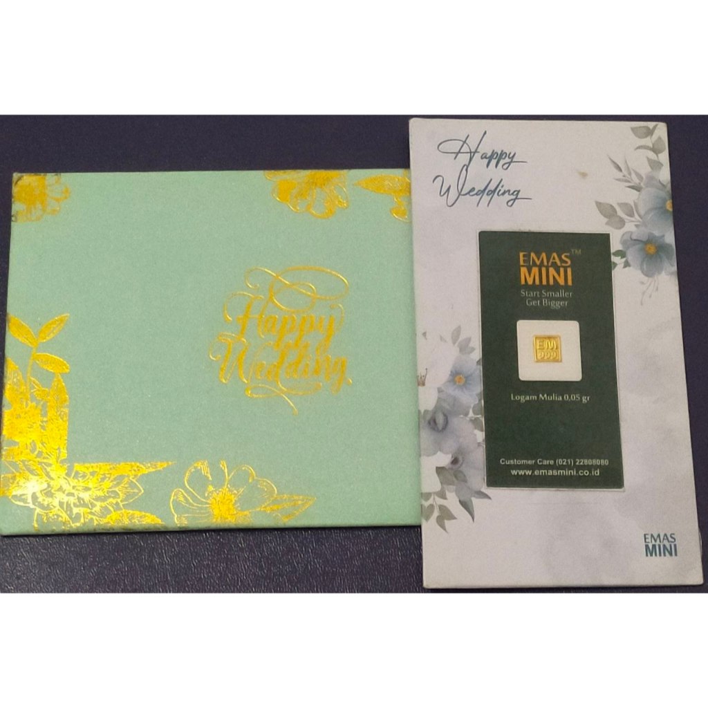 Logam Mulia Emas Emas Mini 0,05 Gram Happy Wedding lengkap dengan Amplop