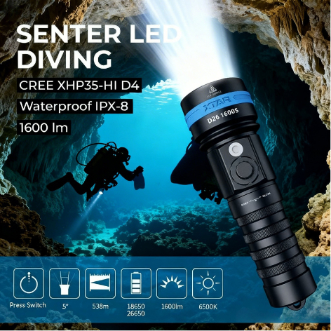 XTAR Senter selam anti air tahan 20 jam Diving super terang LED XHP35 HI D4 1600 Lumens D26