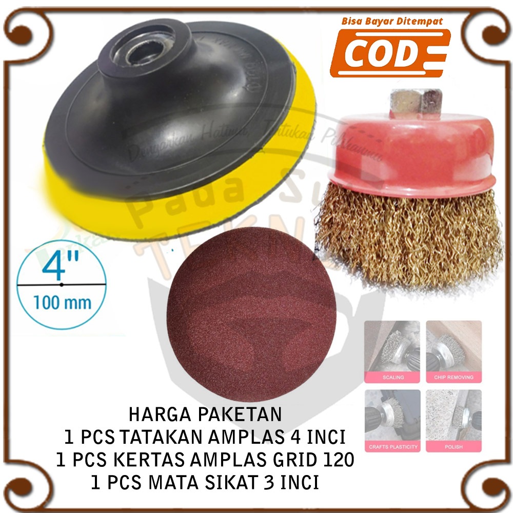 Paket 3Pcs Mata Gerinda Poles Perontok Kikis Cat Karat Besi Sikat Kawat Mangkok Tatakan Amplas Bulat