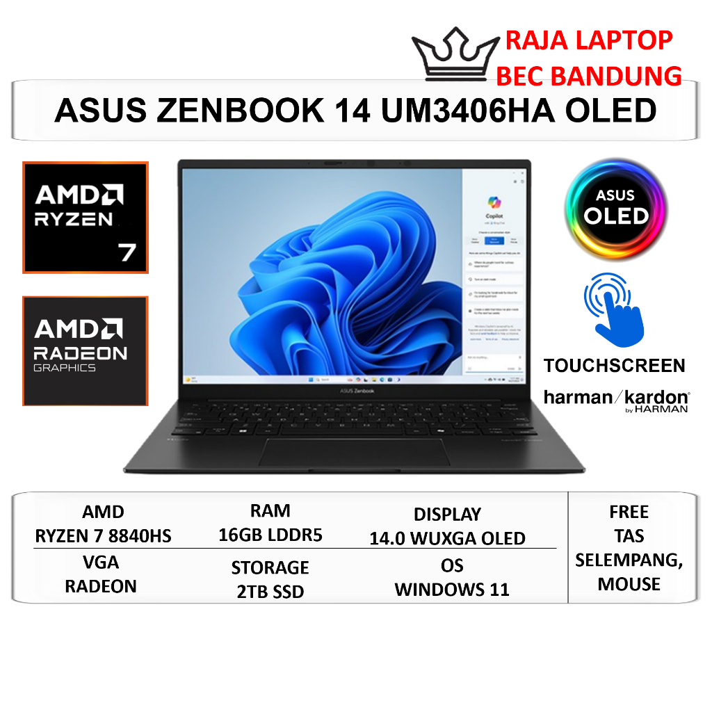 Laptop ASUS ZENBOOK 14 OLED UM3406HA Ryzen 7 8840HS 16GB DDR5 2TB SSD 14 WUXGA OLED Touch Windows 11