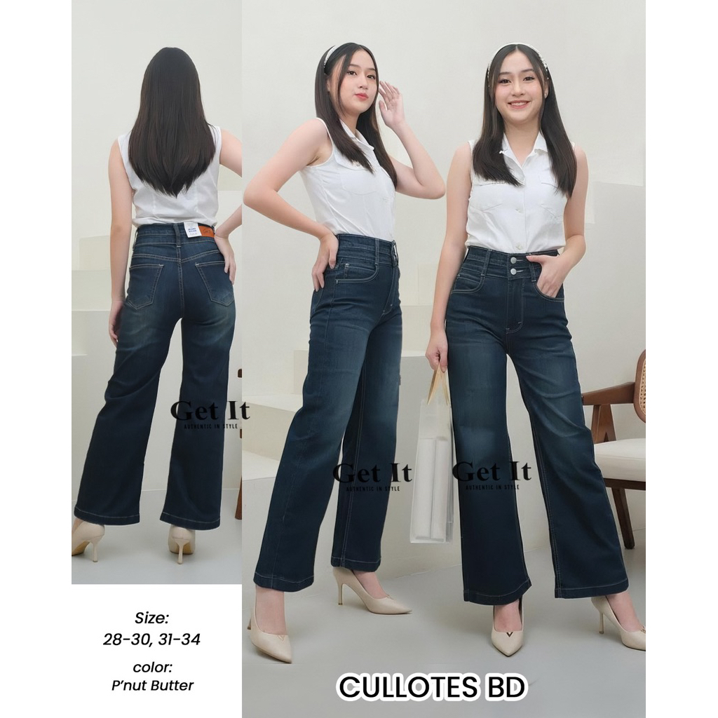 [Evasabrina88]Celana Kulot Wanita Hw Stretch Lucie Kancing 2 Bell Bottomed P’nut butter Bahan Jeans 