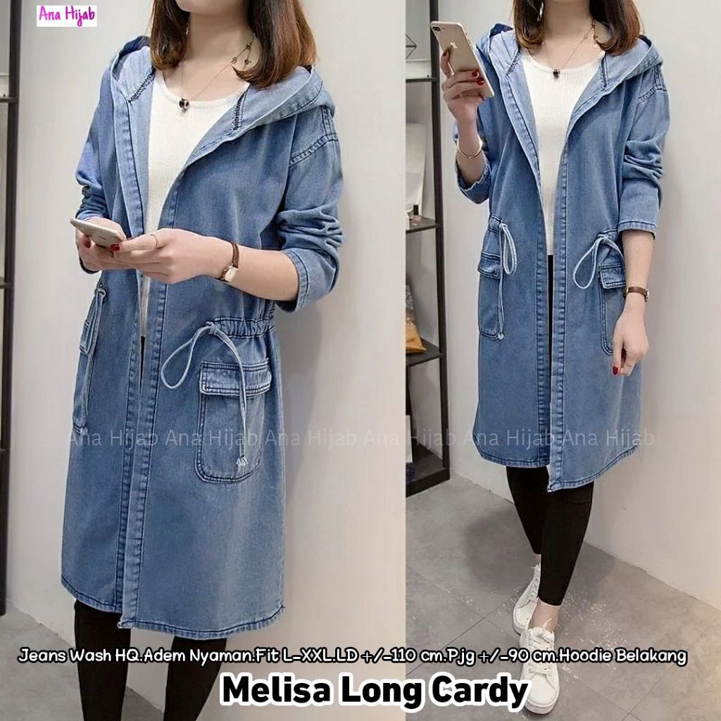 Melisa Long Cardigan Jeans Wanita Hoodie | Outer Jeans Panjang Wanita Kekinian | Cardigan Denim Wani