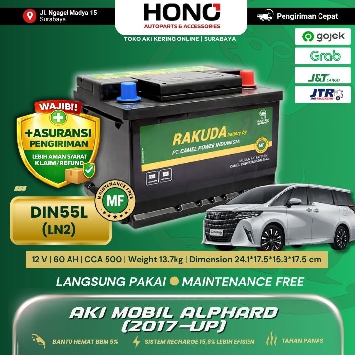DIN55L - LN2 (12 V / 60 AH) - RAKUDA BY CAMEL POWER - AKI KERING MOBIL MF Maintenance Free CCA Tingg